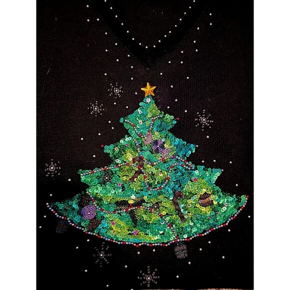 Quacker Factory Christmas Tree Sweater Embelish Bead Holiday Sequins 2X Vintage - Picture 9 of 10